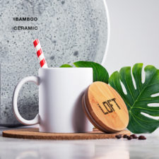 Tazza Mug In Ceramica E Coperchio/base In Bamboo