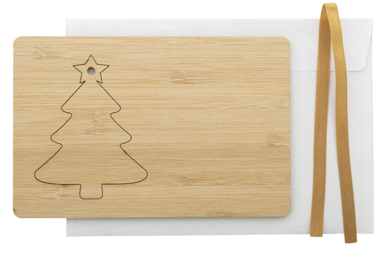 Cartolina di Natale in compensato di bambù con decorazione natalizia asportabile e nastro dorato. - immagine 2