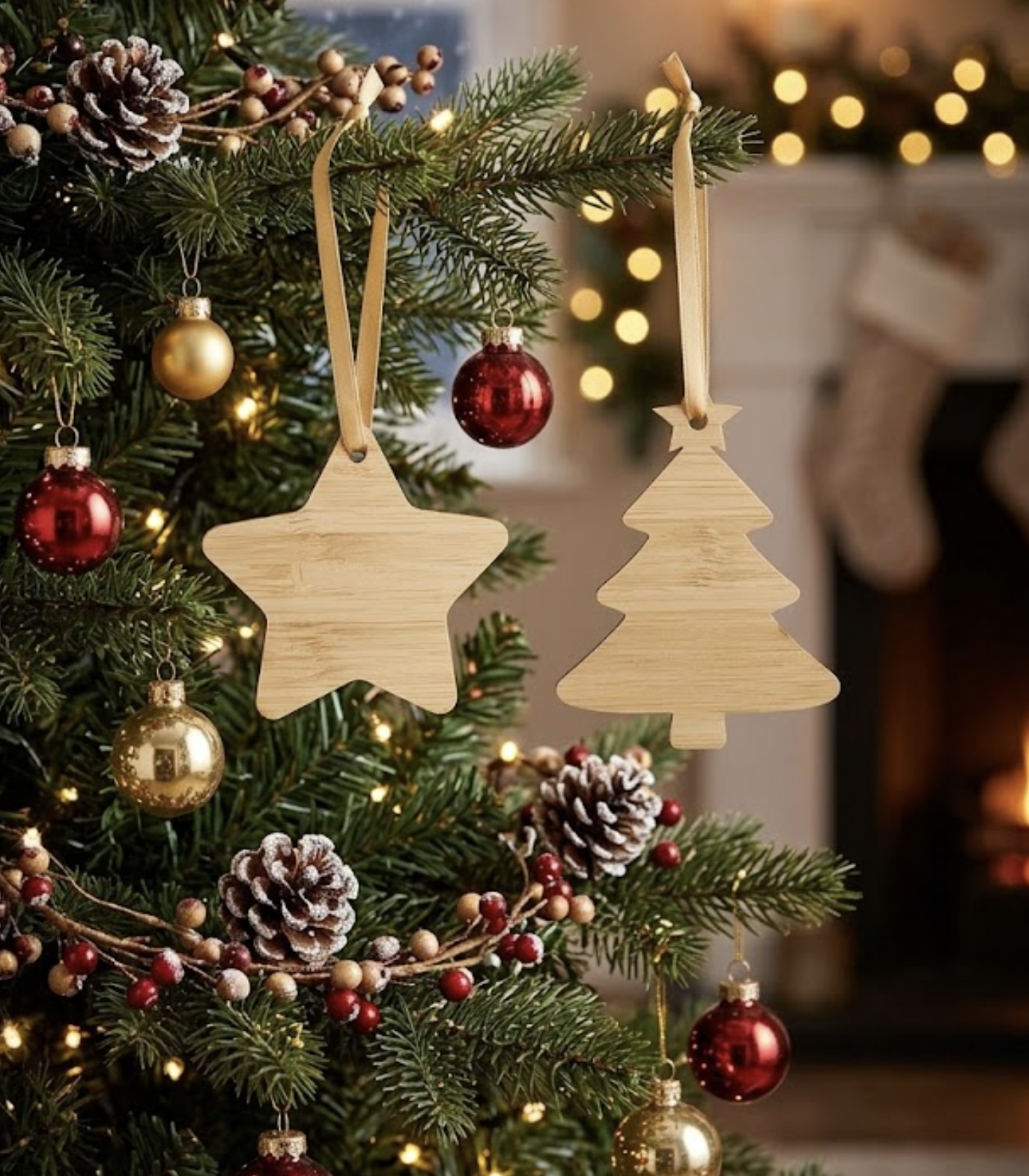 Cartolina di Natale in compensato di bambù con decorazione natalizia asportabile e nastro dorato.